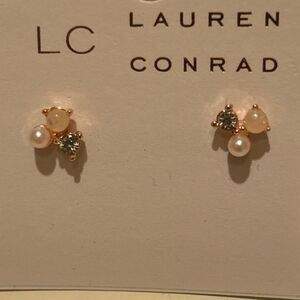 Lauren Conrad Three Stone Cluster Post Earrings Crystal Pearl Dressy Classy NWT